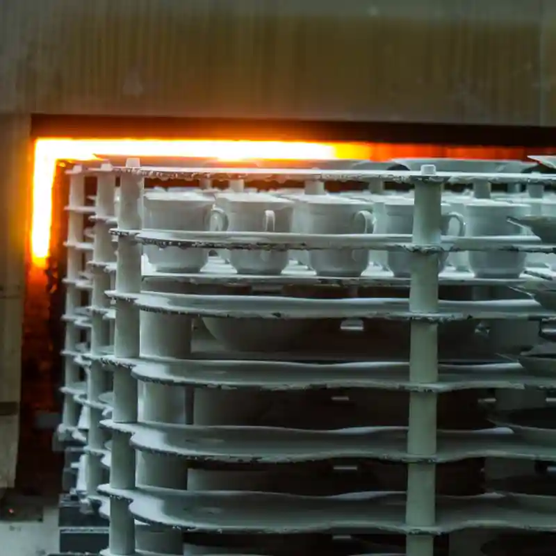 Ceramic coffee mugs being placed into an oven.