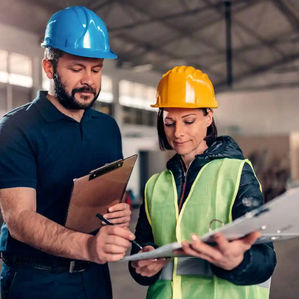 Manufacturing foreman reviewing paperwork with employee.