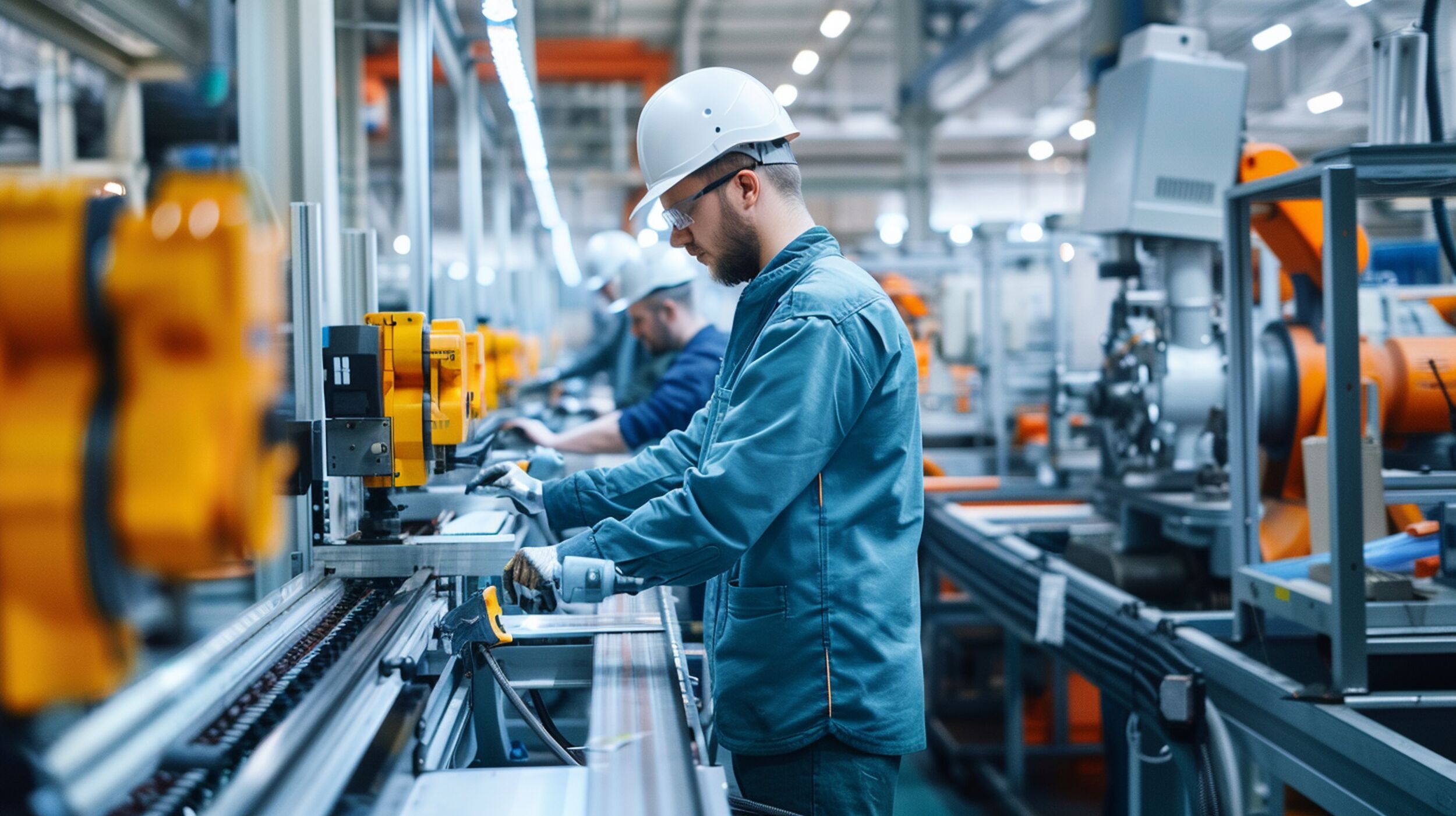 Factory workers assembling products on a production line, with machines and tools in the foreground.