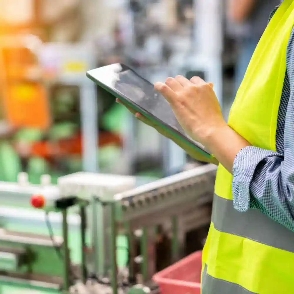 Safety worker interacts with tablet, while wearing a neon yellow vest in a factory.