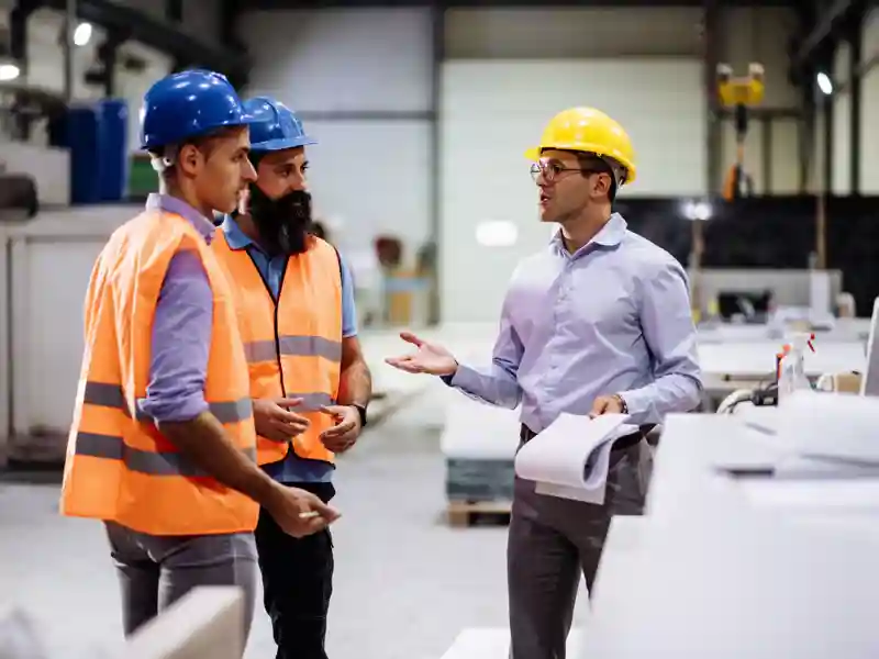 Employees in factory working together.