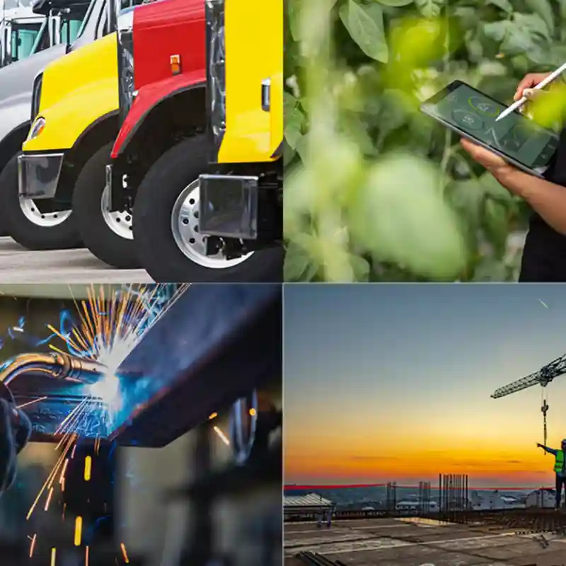 Person on digital device holding a stylus pen; multiple trucks parked; person welding; sunset view of a construction site with a crane.